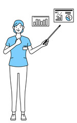 業績グラフを分析するす中年・シニア女性看護師、理学療法士、作業療法士、言語聴覚士、看護助手