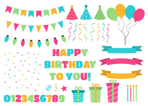 Set of birthday party design elements for greeting and invitation card. Birthday flags and garland. Colorful confetti, serpentine and balloons. Vector numbers, caps, presents, candles isolated.