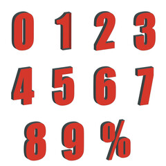 set of 3D numbers 1 to 9 with % sign 