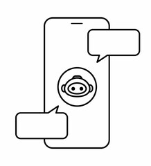 スマートフォンで人工知能ロボットとチャットをするイラスト　線画のみ