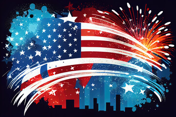 an american flag with fireworks in the air and stars around it, on a black background stock art illustration. Generative AI