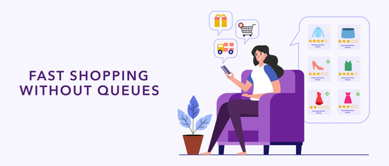 Young woman sitting on the sofa and ordering products to avoid queues, concept of online fast shopping without queues, perfect for web design, banner, mobile app, landing page