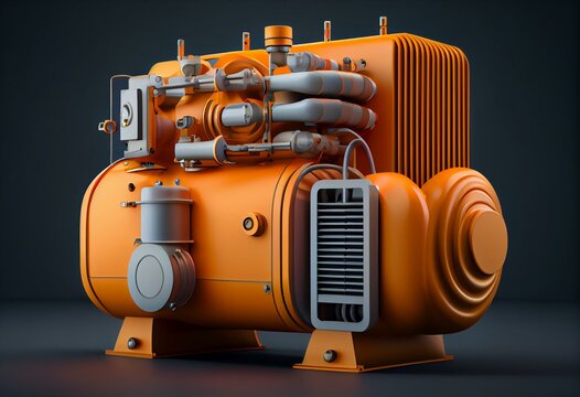Reciprocating refrigeration compressor. Orange industrial machine with pipes and radiator. 3d render. Generative AI
