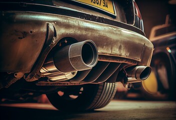 Vehicle underbody exhaust pipe, catalyst, resonator, exhaust system. Old parts require repair and replacement. Car service and maintenance. Standards and technical condition. selective. Generative AI - obrazy, fototapety, plakaty