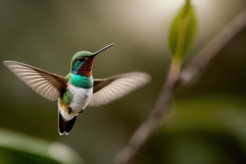 Fototapeta premium Rufous Hummingbird flying and aiming on a flower nectar in a tropical rainforest. Wildlife concept of ecological environment. Generative AI