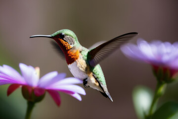 Fototapeta premium Rufous Hummingbird flying and aiming on a flower nectar in a tropical rainforest. Wildlife concept of ecological environment. Generative AI