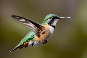 Rufous Hummingbird flying and aiming on a flower nectar in a tropical rainforest. Wildlife concept of ecological environment. Generative AI