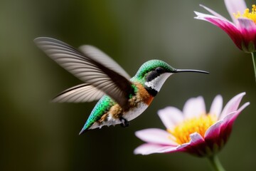 Rufous Hummingbird flying and aiming on a flower nectar in a tropical rainforest. Wildlife concept of ecological environment. Generative AI