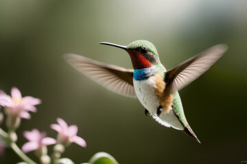 Fototapeta premium Rufous Hummingbird flying and aiming on a flower nectar in a tropical rainforest. Wildlife concept of ecological environment. Generative AI