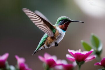 Fototapeta premium Rufous Hummingbird flying and aiming on a flower nectar in a tropical rainforest. Wildlife concept of ecological environment. Generative AI