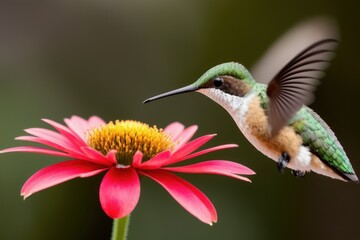 Fototapeta premium Rufous Hummingbird flying and aiming on a flower nectar in a tropical rainforest. Wildlife concept of ecological environment. Generative AI
