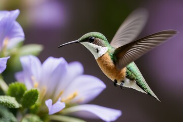 Naklejka premium Rufous Hummingbird flying and aiming on a flower nectar in a tropical rainforest. Wildlife concept of ecological environment. Generative AI