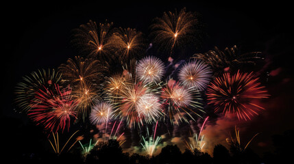 fireworks in the night sky with trees and buildings in the foreground, taken from an angle to the right. Generative AI