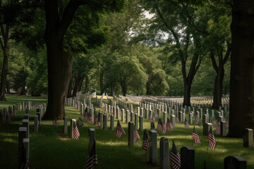 a cemetery with american flags on the gravestones and trees in the foregrounds are all lined up for memorial day. Generative AI