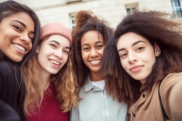 Fototapeta premium Four happy young women Take a selfie and smile at the close-up camera. Best friends who spend time together on holiday. AI-generated images