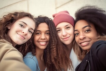 Fototapeta premium Four happy young women Take a selfie and smile at the close-up camera. Best friends who spend time together on holiday. AI-generated images
