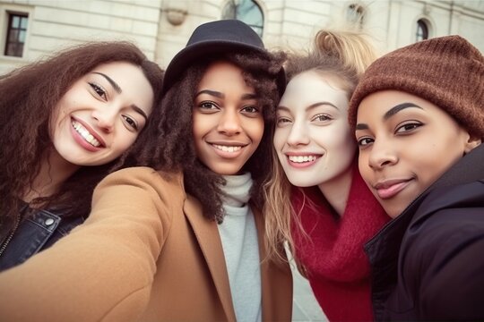 Four happy young women Take a selfie and smile at the close-up camera. Best friends who spend time together on holiday. AI-generated images