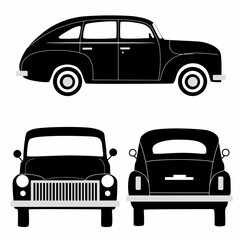 Classic car silhouette on white background. Vehicle icon set view from side, front, back