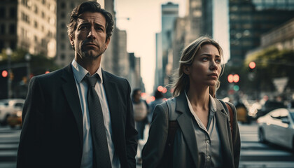 Successful business people walking in financial district generated by AI