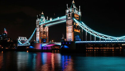 Fototapeta na wymiar Illuminated bridge and cityscape reflect in water generated by AI