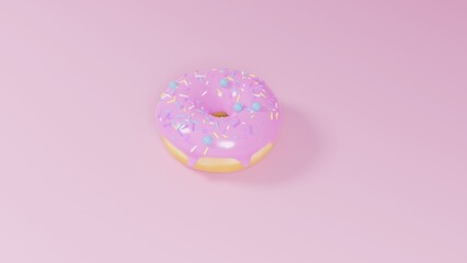 3D light brown donut with pink icing, pastel sprinkles, top view, light pink background, 4K