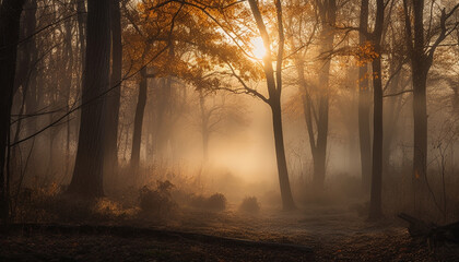 Mysterious autumn forest, fog whispers spooky secrets generated by AI