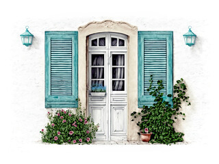 Fototapeta na wymiar White house with turquoise door, shutters and lamps with pretty flower pots and a window box. AI generated background illustration in a detailed watercolor style