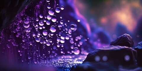 Melting pebble drops of vibrant translucent amethyst crystal, lustrous vivid purple glowing backdrop, flowing water fall, bokeh blur background and macro closeup rocky textured - generative AI.