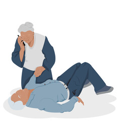 Old woman is calling emergency and taking care and Old man falling accident on floor.Vector illustration flat cartoon characters design of a grandma supporting senior man who accident lying on floor