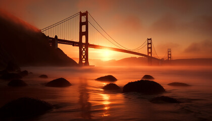 Obraz premium Sunset on the famous man made orange bridge generated by AI