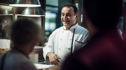 italian chef interacting with customers in a luxury restaurant in the background with Generative AI