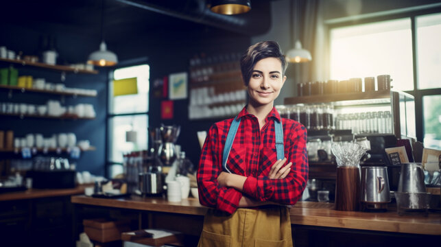 female barista making coffee or espresso drinks in coffee shop with Generative AI