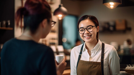 female barista with a 20 year old customer happy talk in the coffee shop with Generative AI