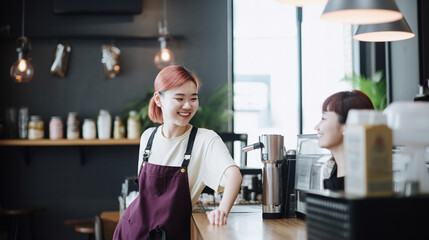 Naklejka premium female barista with a 20 year old customer happy talk in the coffee shop with Generative AI