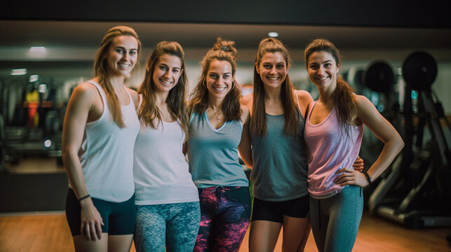 group of happy fitness girl 20 years old during a group fitness class in the gym with Generative AI