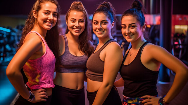 group of happy fitness girl 20 years old during a group fitness class in the gym with Generative AI