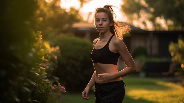 a happy fitness girl 20 years old running in the garden with Generative AI