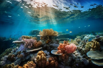 Obraz premium Colorful coral reef with bride fishes created with Generative AI technology. Ocean day