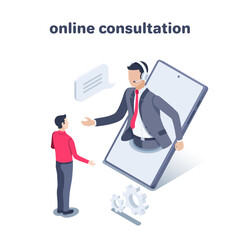 isometric vector illustration on a white background, a man talking to a consultant via smartphone, online consultation