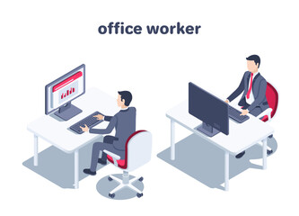 isometric vector illustration on a white background, a man in a business suit works at a computer sitting at an office table, an office worker