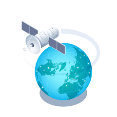 isometric vector illustration on a white background, a satellite flies in orbit around the globe on the surface of which dots glow, geolocation or signal coverage
