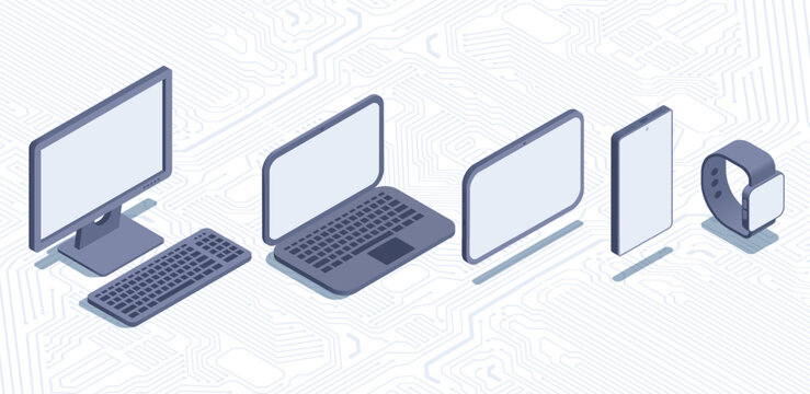 isometric vector illustration on a white background, set of digital electronics from computer and a laptop, tablet and smartphone with a smart watch on the tracks of an electronic circuit board