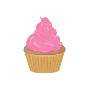 Cupcake. Chocolate cupcake with pink cream. Muffin with cream. Sweet dessert. Sponge cake. Vector illustration isolated on a white background