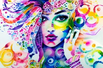 Naklejka premium portrait of a beautiful girl with colorful hair and watercolor paints
