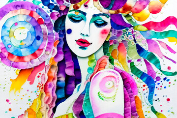 portrait of a beautiful girl with colorful hair and watercolor paints