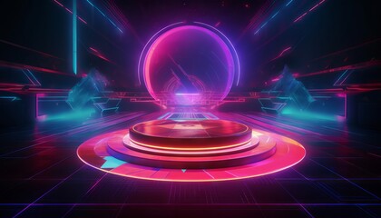 stage with neon glowing gradients and vibrant laser beams in purple, blue, and red colors. Generative ai