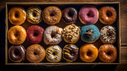 Fototapeta premium Assortment of donuts of different flavors in a box. Deliciously Diverse Donut Selection