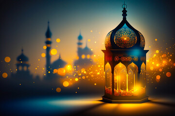 Ai generated image of classic lamp with mosque shape with eid fitr celebration event.