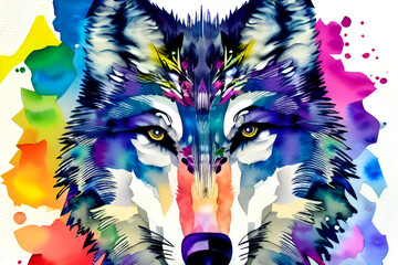 colorful drawing of a wolf with a rainbow