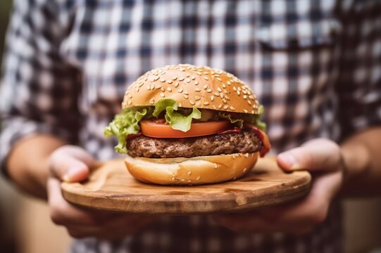 Close-up of a man holding a hamburger on a wooden cutting board. AI-generated images
